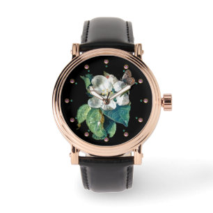 BUTTERFLY ON THE WHITE FLOWER , BLACK FLORAL WATCH