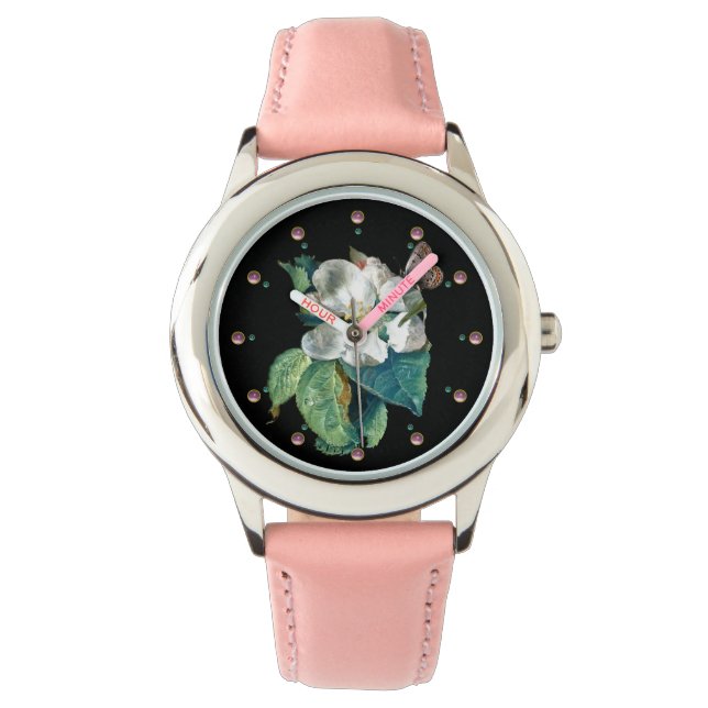 BUTTERFLY ON THE WHITE FLOWER , BLACK FLORAL WATCH (Front)