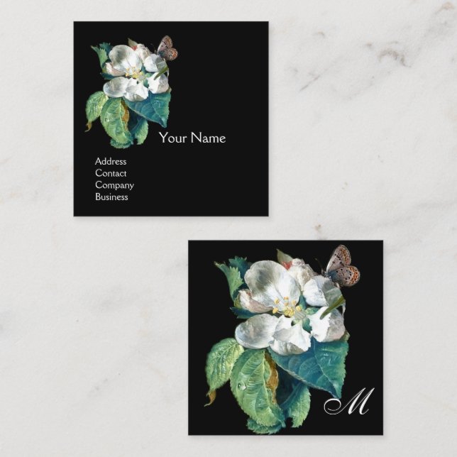 BUTTERFLY ON THE WHITE FLOWER , FLORAL MONOGRAM SQUARE BUSINESS CARD (Front/Back)