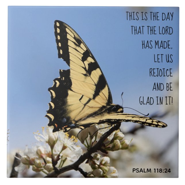 Butterfly on white blossom, verse Psalm 118:2 Tile (Front)