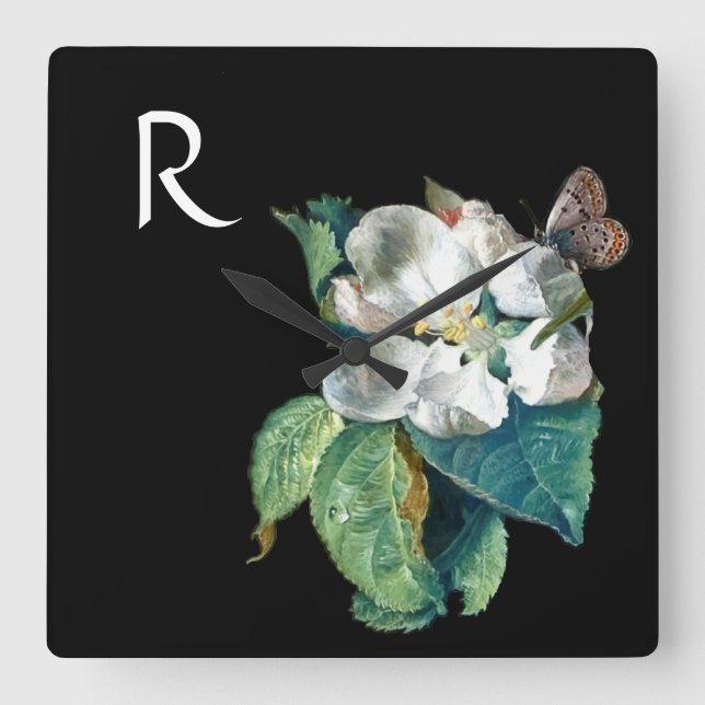 BUTTERFLY ON WHITE FLOWER , BLACK FLORAL MONOGRAM SQUARE WALL CLOCK (Front)