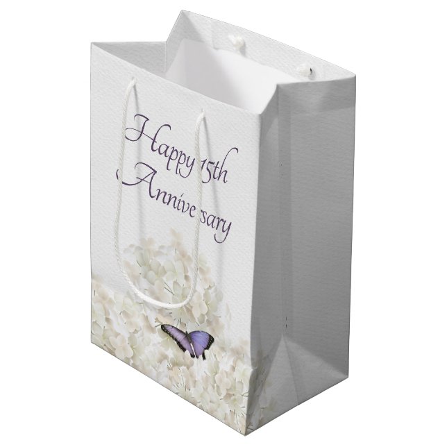 Butterfly on White Hydrangea 15th Anniversary Medium Gift Bag (Front Angled)