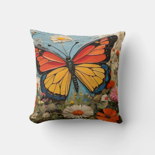 Butterfly on Wildflowers In Spring Painting Cushion