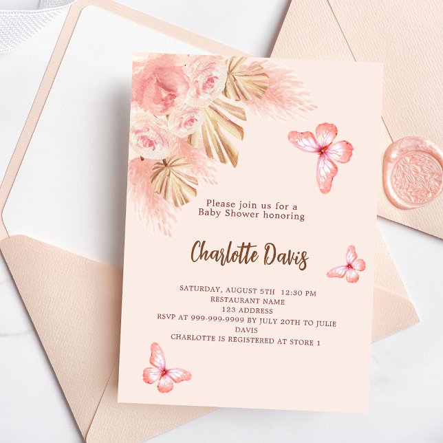 Butterfly pampas grass pink girl Baby Shower Invitation (Creator Uploaded)