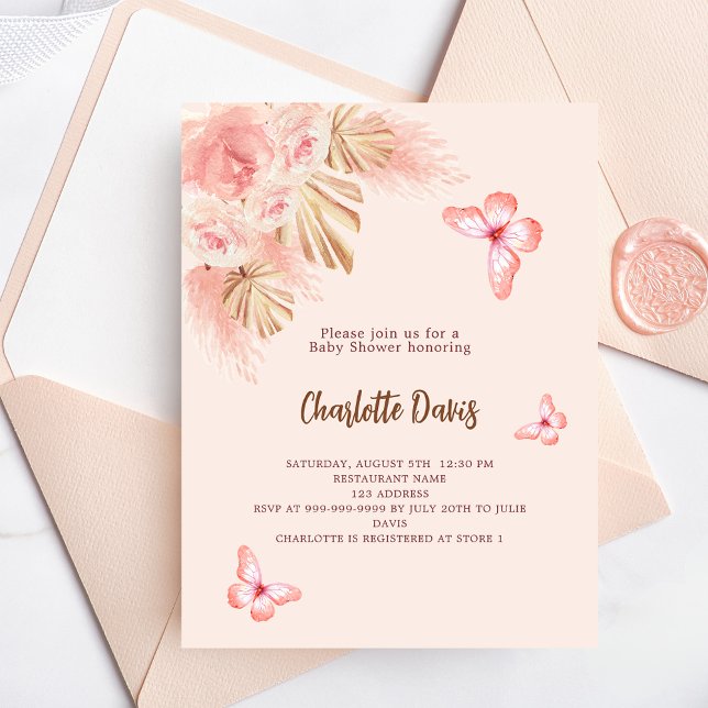 Butterfly pampas grass pink girl Baby Shower Invitation Postcard (Creator Uploaded)