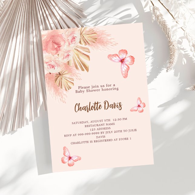 Butterfly pampas grass pink luxury Baby Shower Invitation (Creator Uploaded)