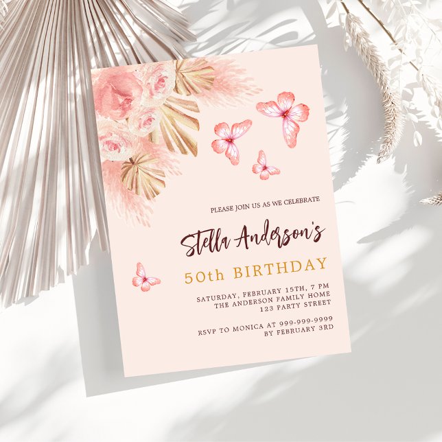 Butterfly pampas grass pink rose gold birthday invitation (Creator Uploaded)
