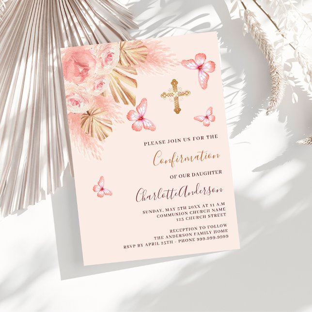 Butterfly pampas grass pink rose gold Confirmation Invitation (Creator Uploaded)