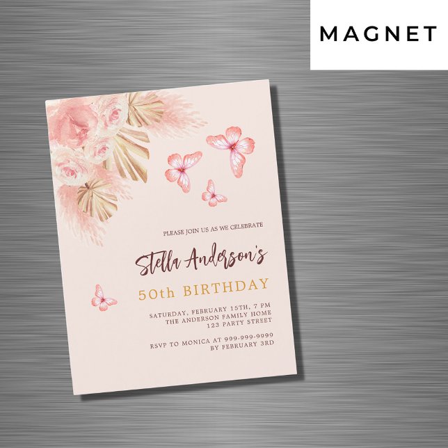 Butterfly pampas grass pink rose luxury birthday magnetic invitation (Creator Uploaded)