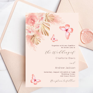 Butterfly pampas grass rose gold luxury wedding invitation