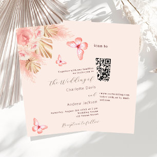 Butterfly pampas grass rose gold QR RSVP wedding Invitation