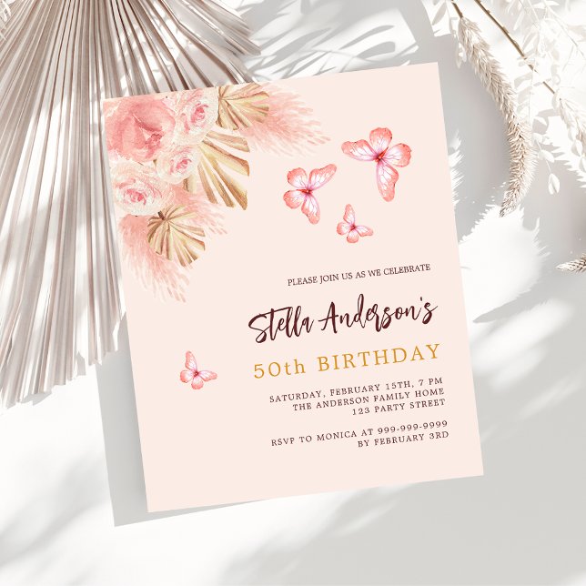 Butterfly pampas rose budget birthday invitation (Creator Uploaded)
