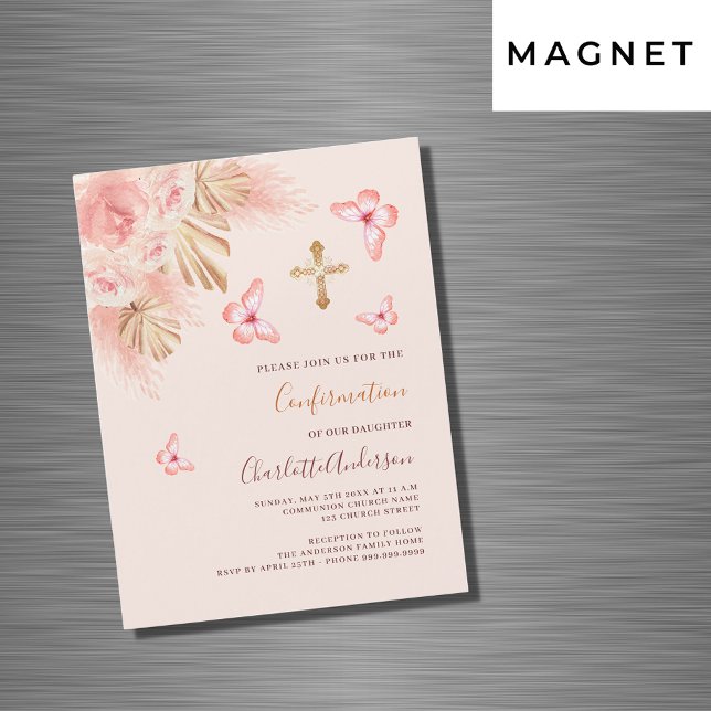 Butterfly pampas rose peach luxury Confirmation Magnetic Invitation (Creator Uploaded)