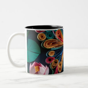 Butterfly Paper Quilling Style with Lotus Flowers Two-Tone Coffee Mug
