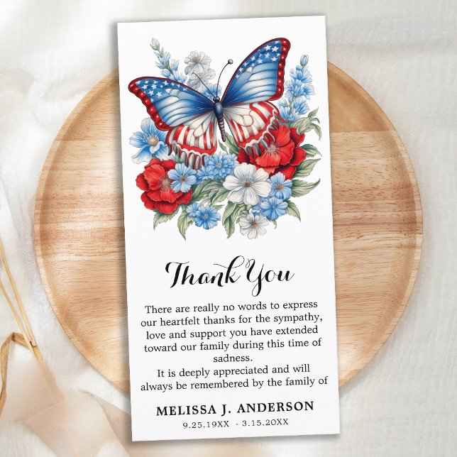 Butterfly Patriotic Funeral Memorial Sympathy Thank You Card (Creator Uploaded)