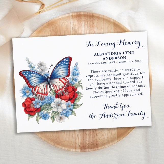 Butterfly Patriotic Sympathy Memorial Funeral  Thank You Card (Creator Uploaded)