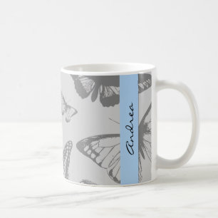 Butterfly Pattern, Grey Butterflies, Your Name Coffee Mug