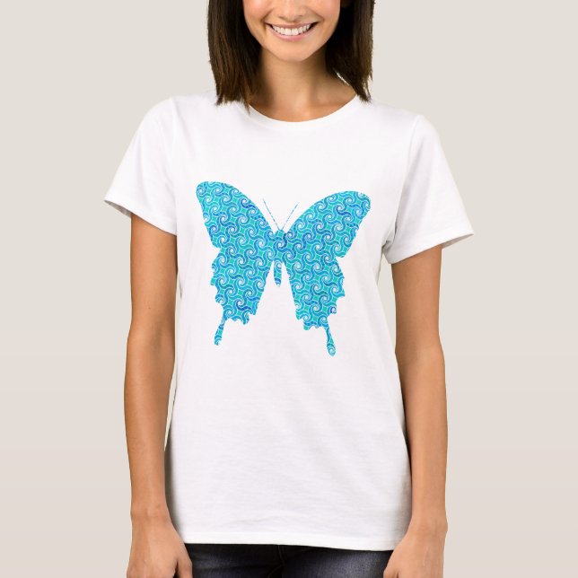 Butterfly, pattern in blue, turquoise, white T-Shirt (Front)