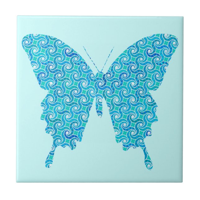 Butterfly, pattern in blue, turquoise, white tile (Front)