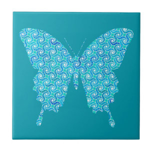 Butterfly, pattern in teal blue, turquoise, white tile