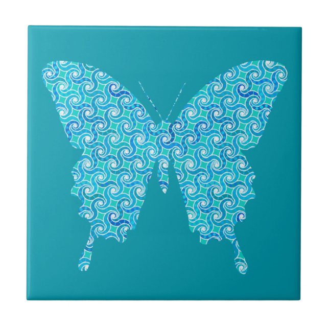 Butterfly, pattern in teal blue, turquoise, white tile (Front)
