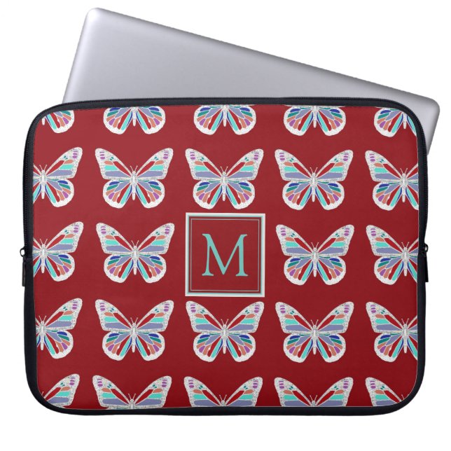 Butterfly Pattern on Burgundy Monogram Laptop Sleeve (Front)