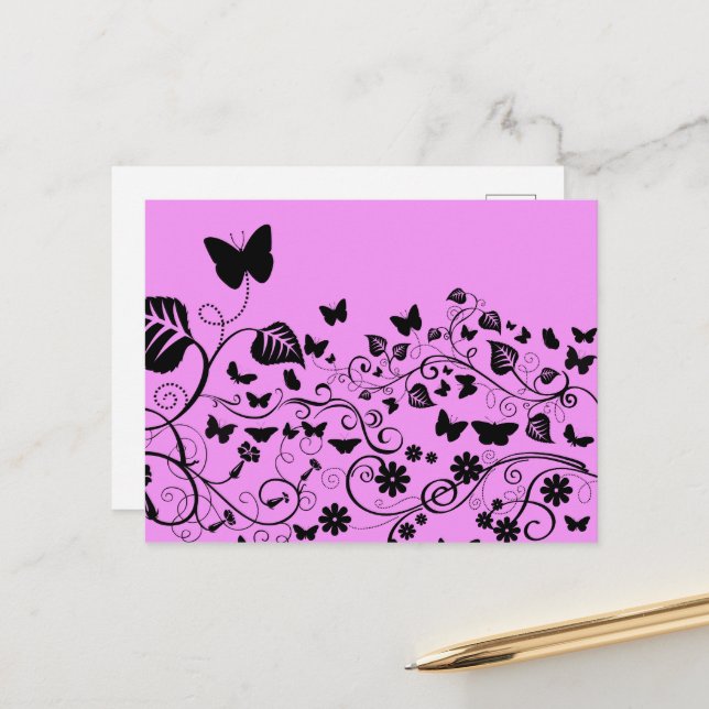Butterfly Pattern, Pattern Of Butterflies, Pink Postcard (Front/Back In Situ)