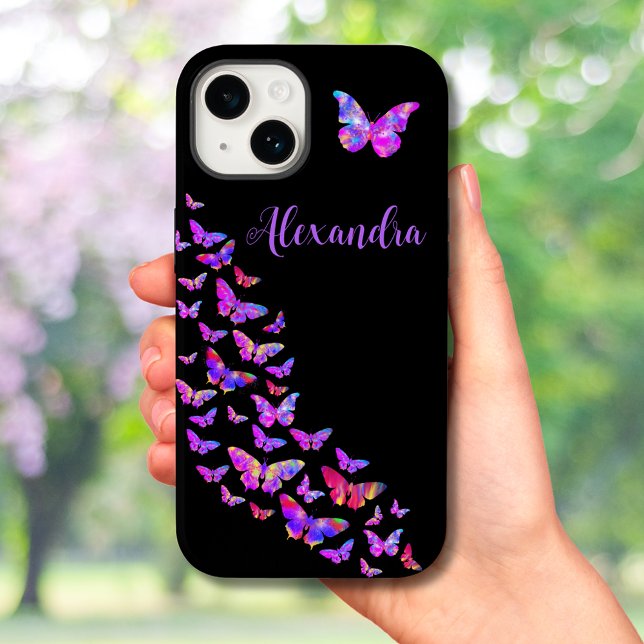Butterfly Pattern Pink and Black add Name Case-Mate iPhone Case (Butterfly pattern pink and black pretty typography script addd name custom iPhone case)