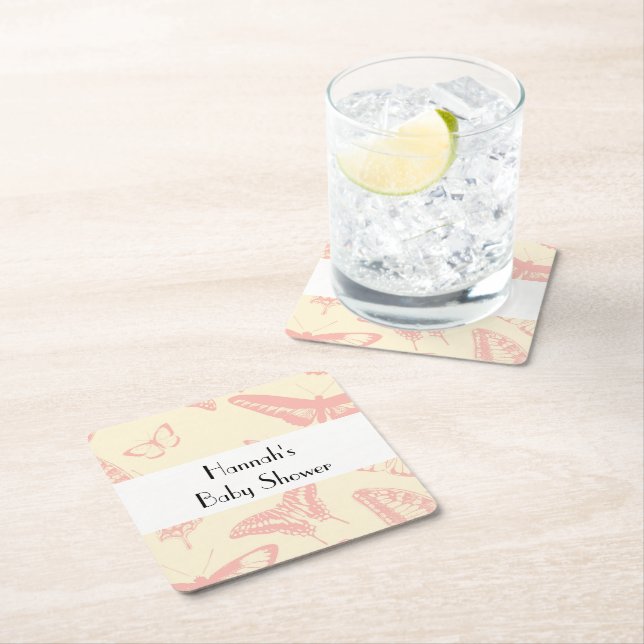 Butterfly Pattern, Pink Butterflies, Baby Shower Square Paper Coaster (Insitu)