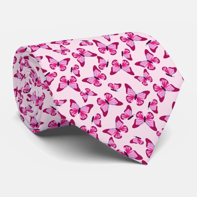 Butterfly Pattern Pretty Pink Purple Tie (Rolled)