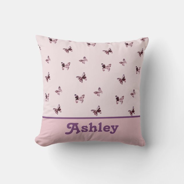 Butterfly Pattern Pretty Pink Satin Girl Nursery Cushion (Front)