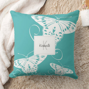 Butterfly Pattern Teal And White Cushion