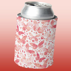 Butterfly Pattern Watercolor Coral Pink Can Cooler