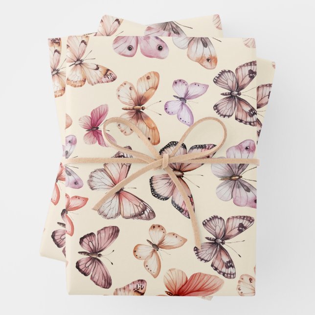 Butterfly Pattern Watercolor Elegant Pretty Gift Wrapping Paper Sheet (In situ)