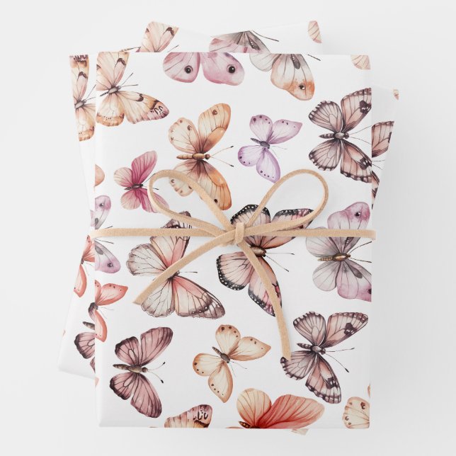 Butterfly Pattern Watercolor Elegant Pretty Gift Wrapping Paper Sheet (In situ)