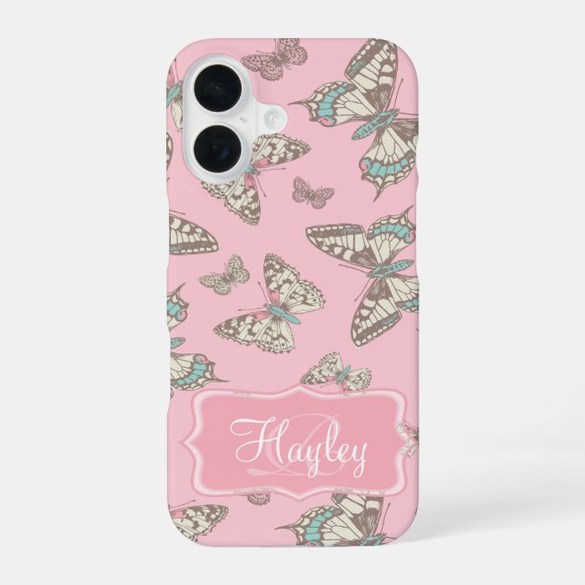 Butterfly patterned pink name  iPhone 16 case (Back)