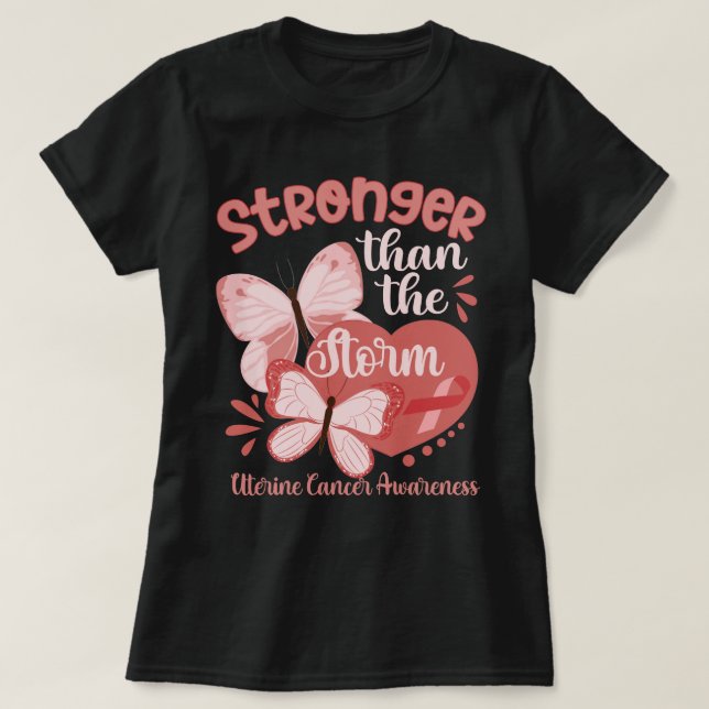 Butterfly Peach Ribbon Uterine Cancer Awareness T-Shirt (Design Front)