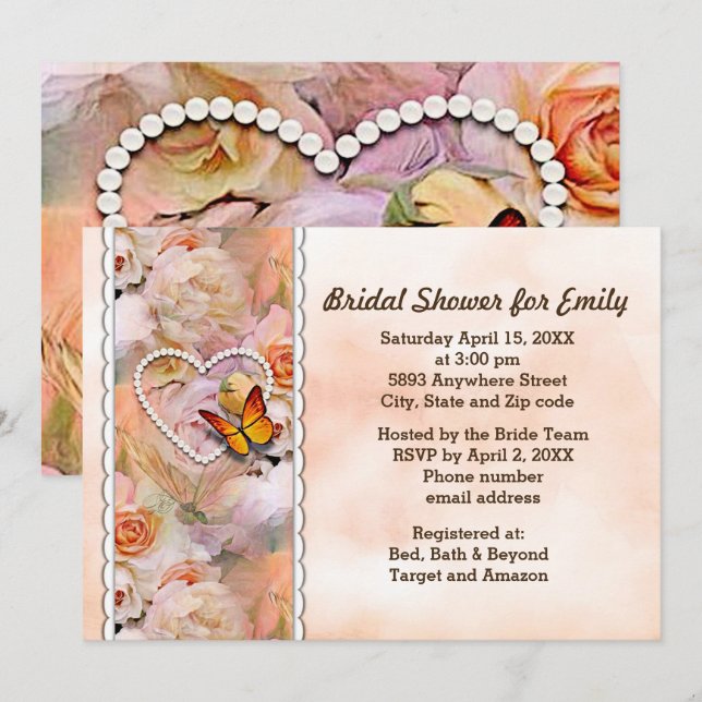 Butterfly Pearl Heart Floral Serene Bridal Shower Invitation (Front/Back)