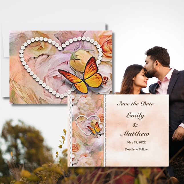 Butterfly Pearl Heart Floral Serenity Roses  Save The Date (Heart Pearls Floral Orange Roses Butterflies Save The Date Summer Wedding Engagement Happy Couple)