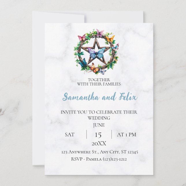 Butterfly Pentacle Nature Magick Marble Wedding Invitation (Front)