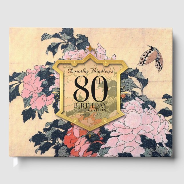 Butterfly Peonies 80th Birthday Celebration Guest  Guest Book (Front)