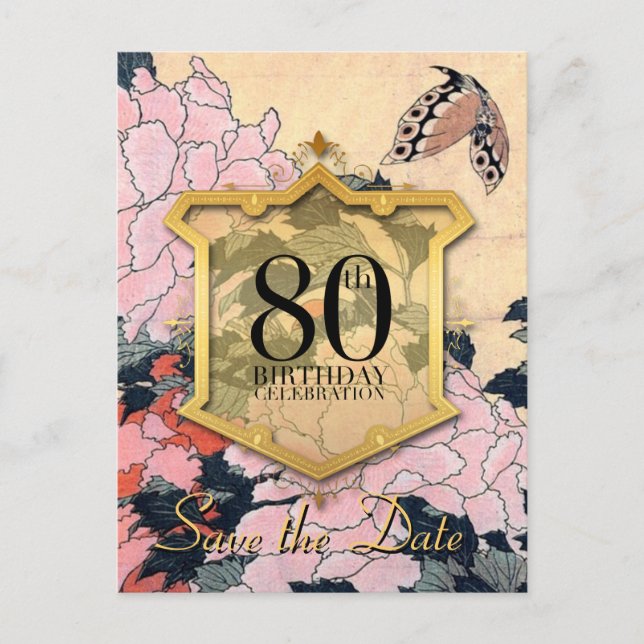 Butterfly Peonies Save the Date 80th Birthday Post Announcement Postcard (Front)