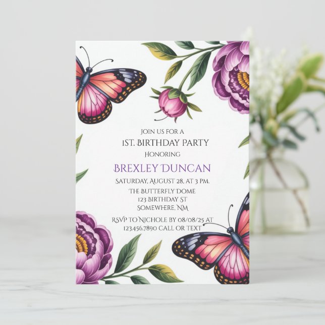 Butterfly & Peony Girl 1st. Birthday Party Invitation (Standing Front)