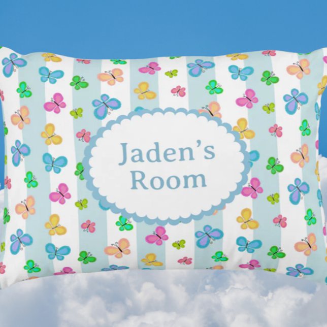 Butterfly Personalised Blue Stripe Decorative Cushion (Personalize with name or message!)