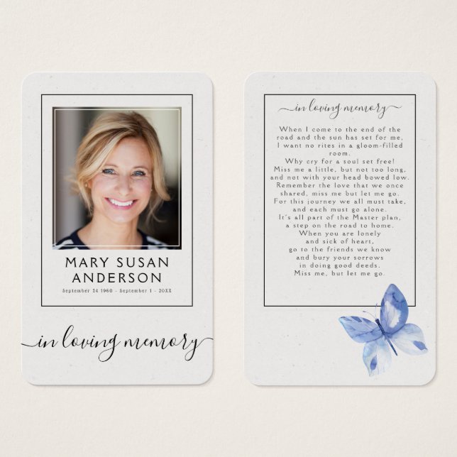Butterfly Photo Funeral Memorial Poem Card (Front & Back)