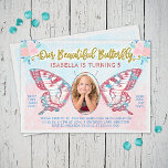 Butterfly Photo Girls Cute Kid Pink Birthday Party Invitation<br><div class="desc">These gorgeously unique birthday party invitations transform your child into a magical butterfly! The pretty design has a vintage fairy-tale look in whimsical shades of pink, blue, and gold. Your child's photo fills the centre of the butterfly wings. The cute design is made in watercolor with faux (printed) glitter details...</div>