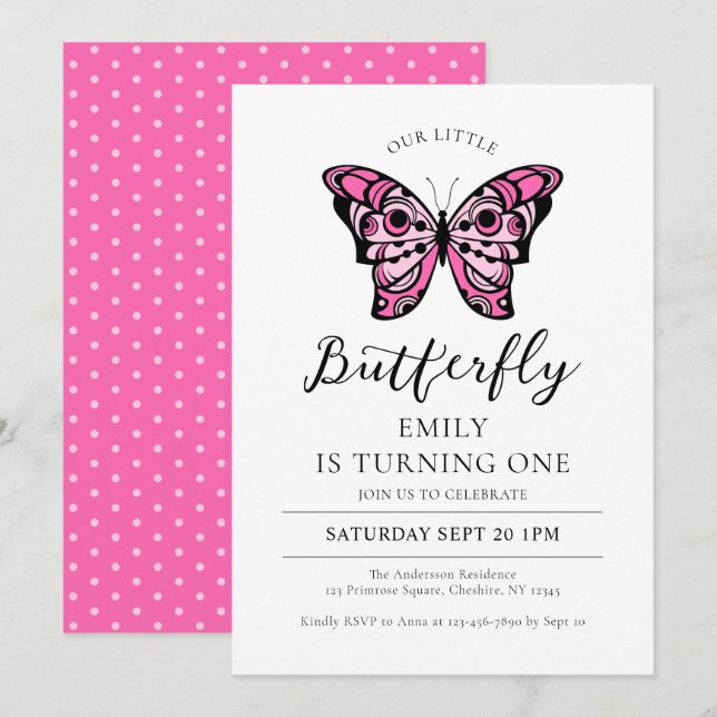 Butterfly Pink 1st Birthday Party Invitation (Front/Back)