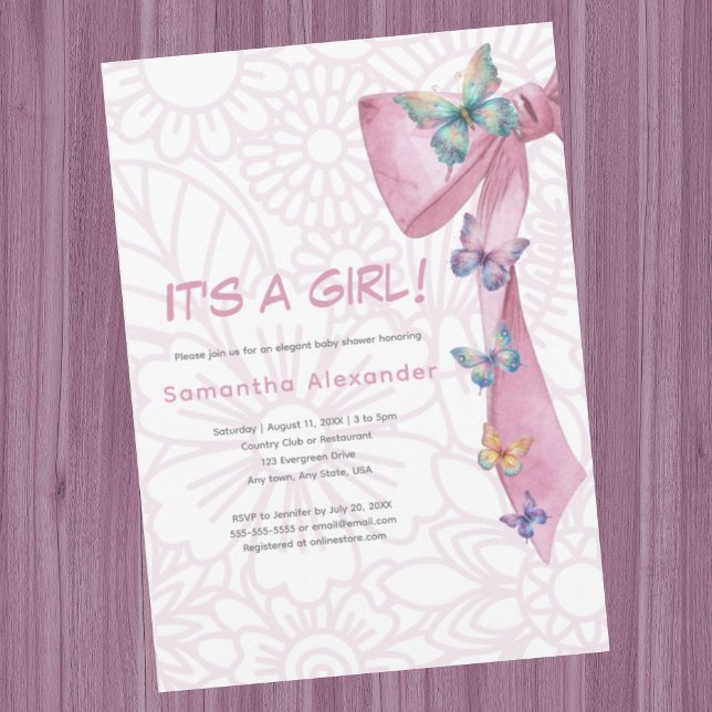 Butterfly Pink baby shower Invitation (Butterfly pink bow baby shower invitation.  It's a girl. Girly design. Coquette pink butterfly bow.)