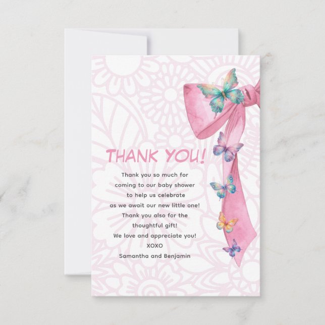 Butterfly pink baby shower  thank you card (Front)