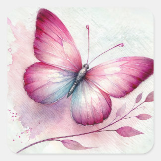 Butterfly Pink Botanical Watercolor Square Sticker